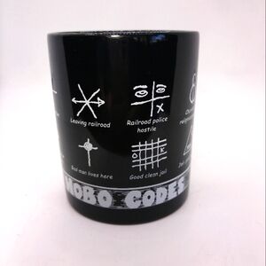Black Coffee Cup Mug with White Hobo Code Symbols
